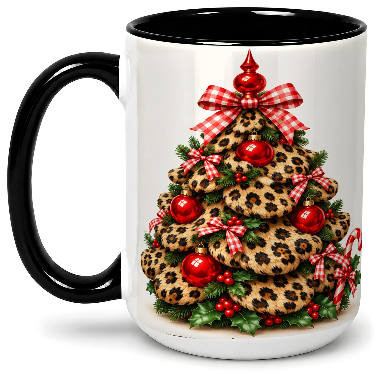 #pl[15oz|Black] Leopard Print Christmas Tree Ceramic Mug, Red Plaid Bow Design