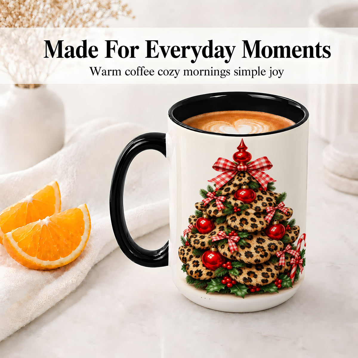 #pl[15oz|Black] Leopard Print Christmas Tree Ceramic Mug, Red Plaid Bow Design