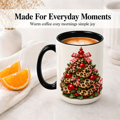 #pl[15oz|Black] Leopard Print Christmas Tree Ceramic Mug, Red Plaid Bow Design
