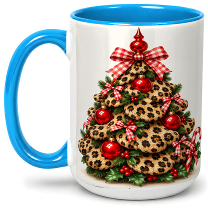 #pl[15oz|Blue] Leopard Print Christmas Tree Ceramic Mug, Red Plaid Bow Design