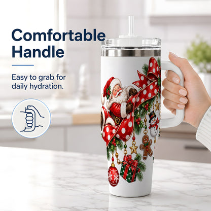 #pl[40oz|White] Santa Christmas Bow 40oz Handled Tumbler, Festive Ornament Artwork