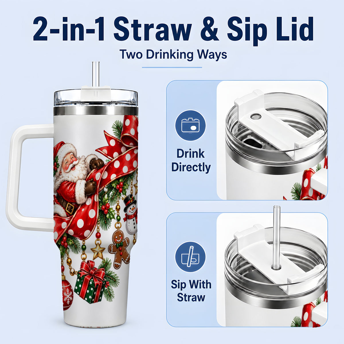 #pl[40oz|White] Santa Christmas Bow 40oz Handled Tumbler, Festive Ornament Artwork