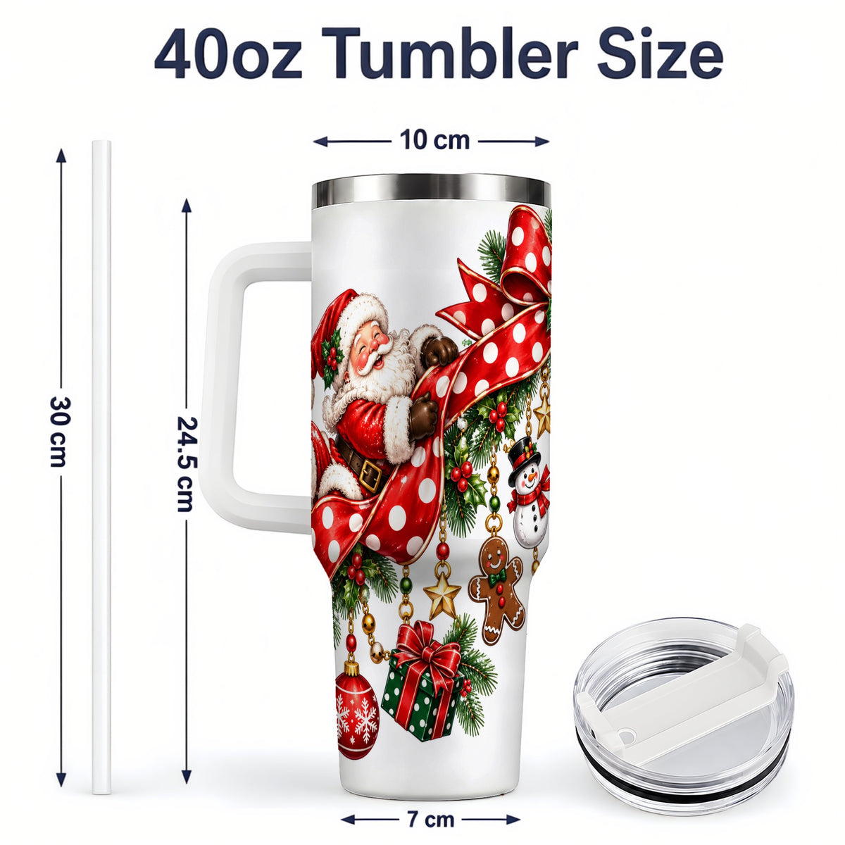 #pl[40oz|White] Santa Christmas Bow 40oz Handled Tumbler, Festive Ornament Artwork