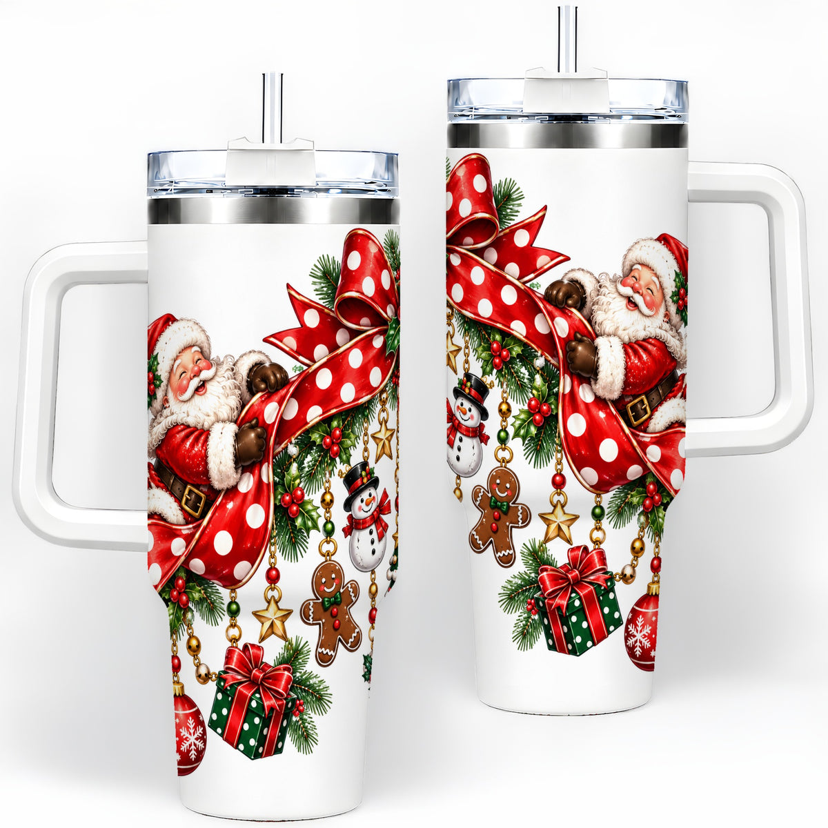 Santa Christmas Bow 40oz Handled Tumbler, Festive Ornament Artwork