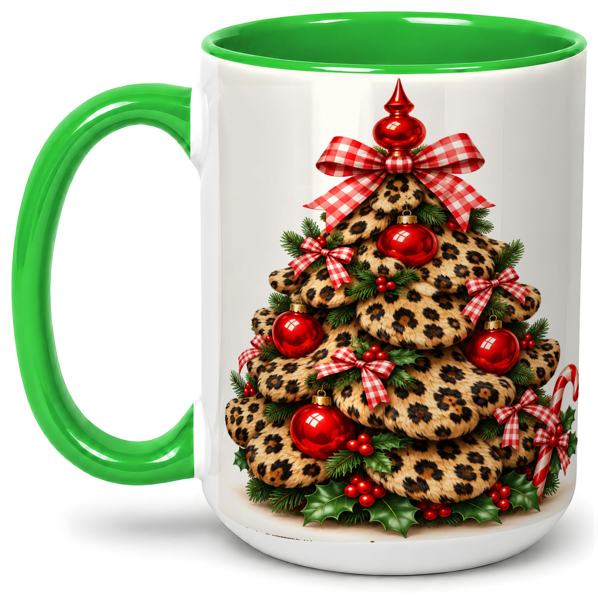 #pl[15oz|Green] Leopard Print Christmas Tree Ceramic Mug, Red Plaid Bow Design