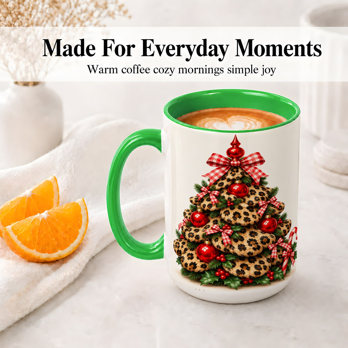 #pl[15oz|Green] Leopard Print Christmas Tree Ceramic Mug, Red Plaid Bow Design