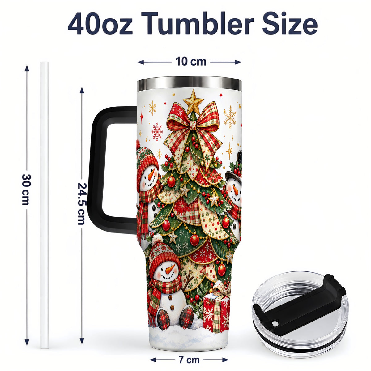 #pl[40oz|Black] Christmas Snowman Family 40oz Handled Tumbler, Festive Plaid Design