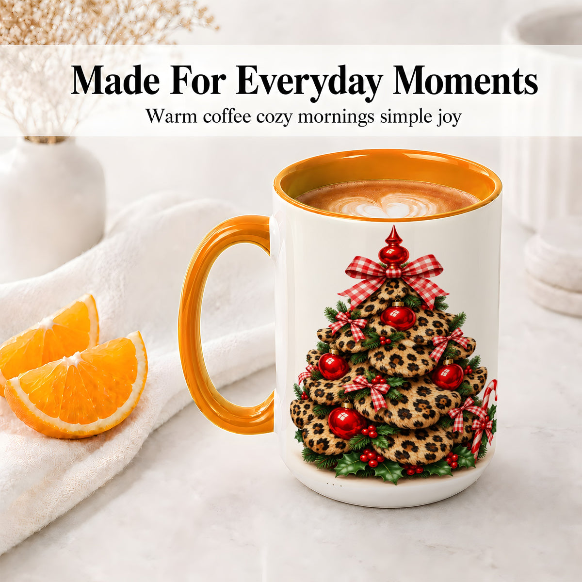 #pl[15oz|Orange] Leopard Print Christmas Tree Ceramic Mug, Red Plaid Bow Design
