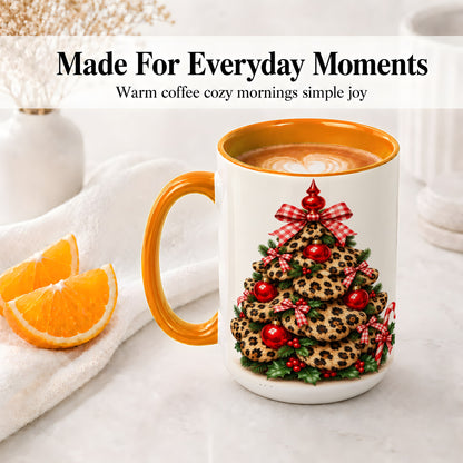 #pl[15oz|Orange] Leopard Print Christmas Tree Ceramic Mug, Red Plaid Bow Design