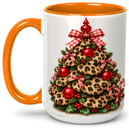 #pl[15oz|Orange] Leopard Print Christmas Tree Ceramic Mug, Red Plaid Bow Design