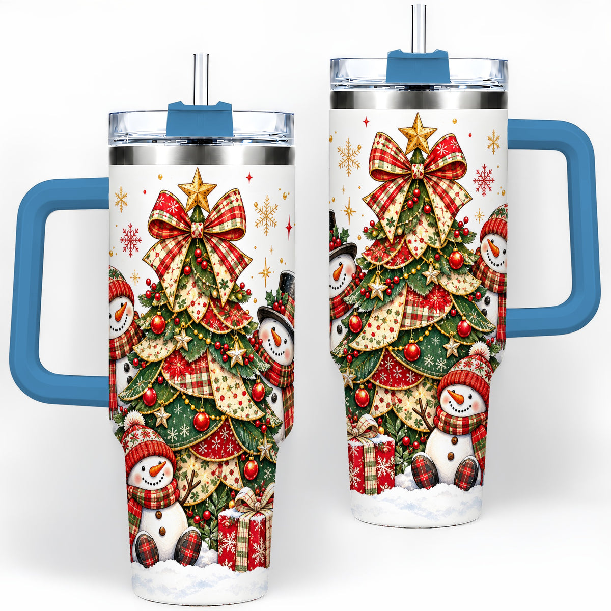 #pl[40oz|Blue] Christmas Snowman Family 40oz Handled Tumbler, Festive Plaid Design