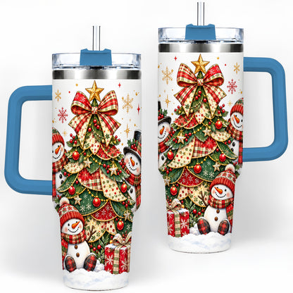 #pl[40oz|Blue] Christmas Snowman Family 40oz Handled Tumbler, Festive Plaid Design