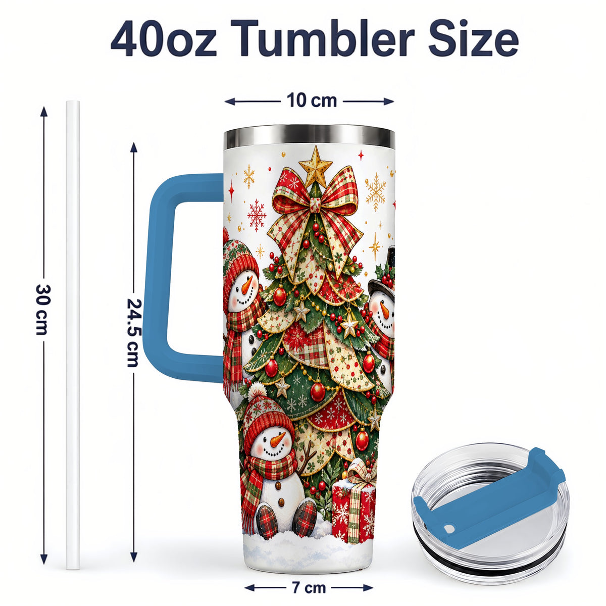 #pl[40oz|Blue] Christmas Snowman Family 40oz Handled Tumbler, Festive Plaid Design