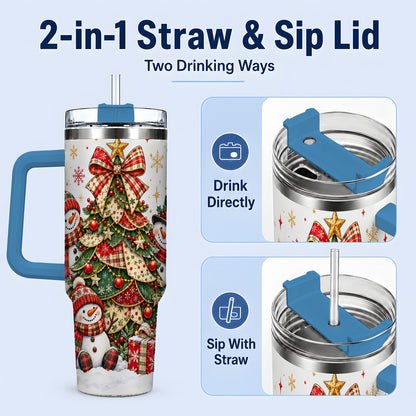 #pl[40oz|Blue] Christmas Snowman Family 40oz Handled Tumbler, Festive Plaid Design
