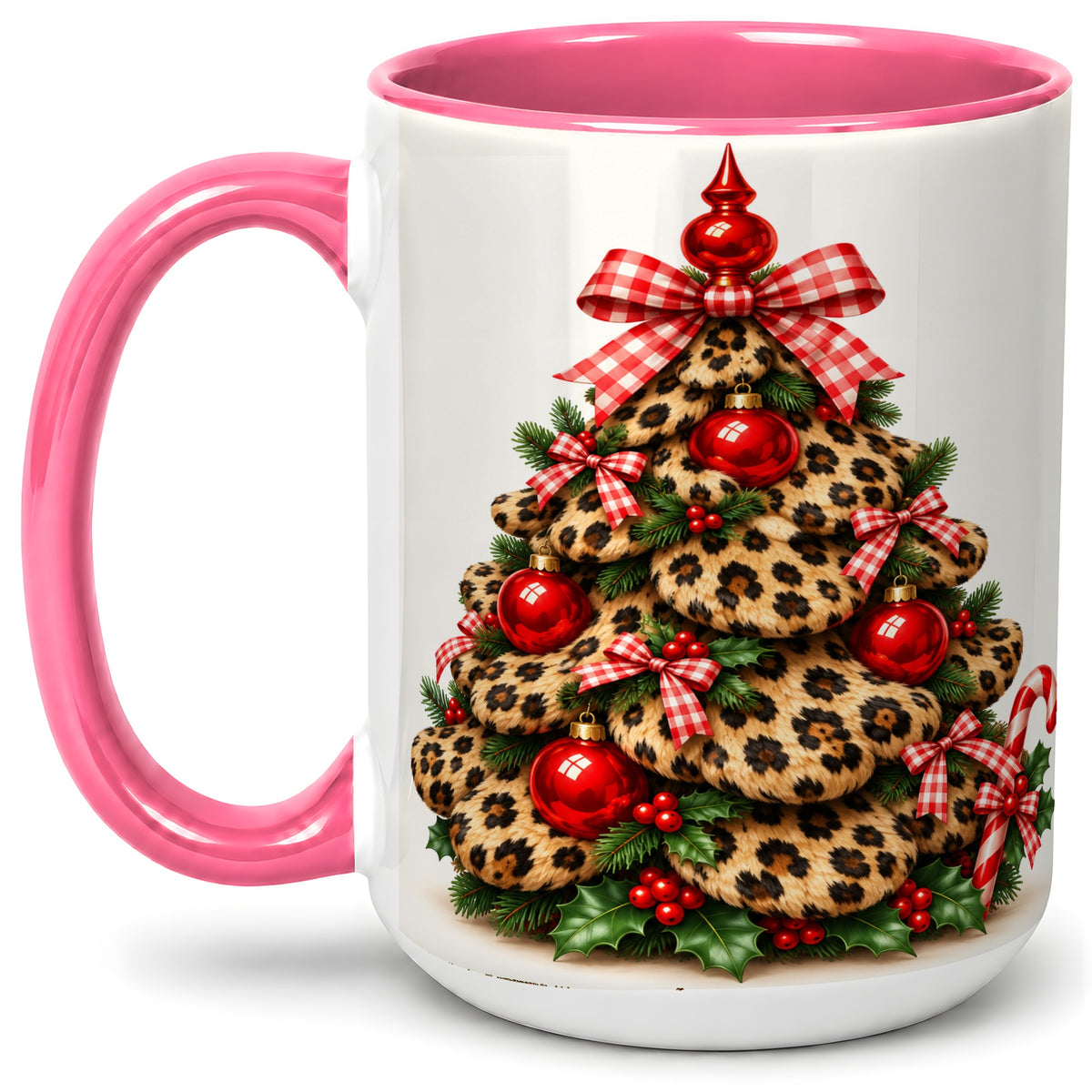#pl[15oz|Pink] Leopard Print Christmas Tree Ceramic Mug, Red Plaid Bow Design