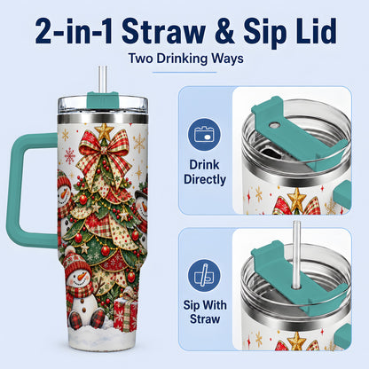 #pl[40oz|Green] Christmas Snowman Family 40oz Handled Tumbler, Festive Plaid Design