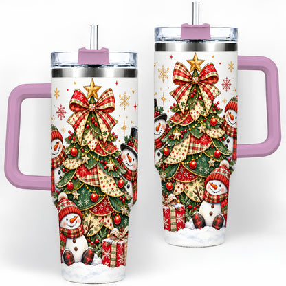 #pl[40oz|Pink] Christmas Snowman Family 40oz Handled Tumbler, Festive Plaid Design