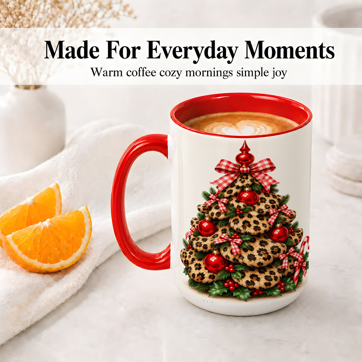 #pl[15oz|Red] Leopard Print Christmas Tree Ceramic Mug, Red Plaid Bow Design