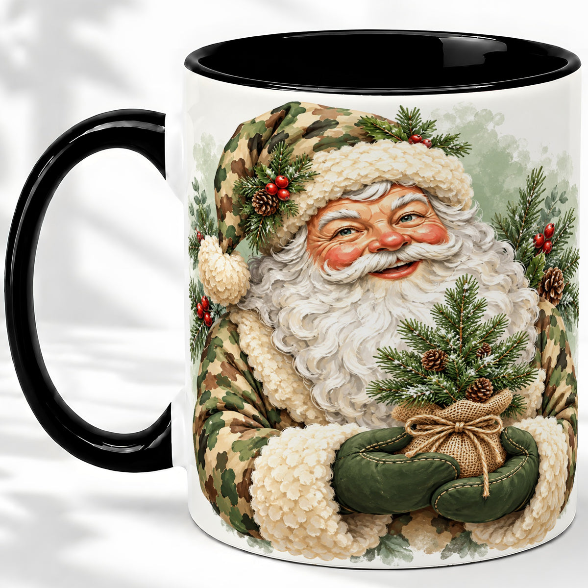 #pl[11oz|Black] Camouflage Santa Claus Ceramic Mug, Rustic Woodland Christmas Art