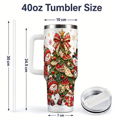 #pl[40oz|White] Christmas Snowman Family 40oz Handled Tumbler, Festive Plaid Design