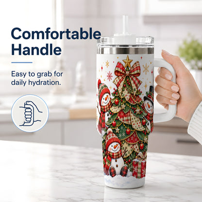 #pl[40oz|White] Christmas Snowman Family 40oz Handled Tumbler, Festive Plaid Design