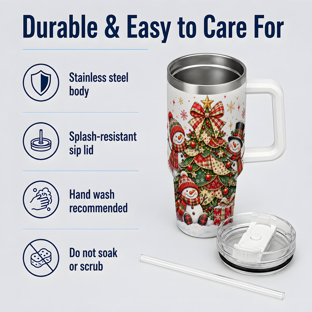 Christmas Snowman Family 40oz Handled Tumbler, Festive Plaid Design