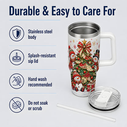 Christmas Snowman Family 40oz Handled Tumbler, Festive Plaid Design