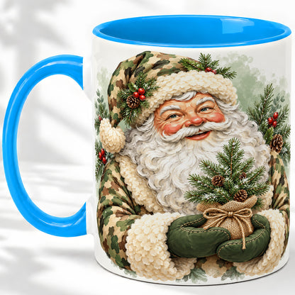 #pl[11oz|Blue] Camouflage Santa Claus Ceramic Mug, Rustic Woodland Christmas Art