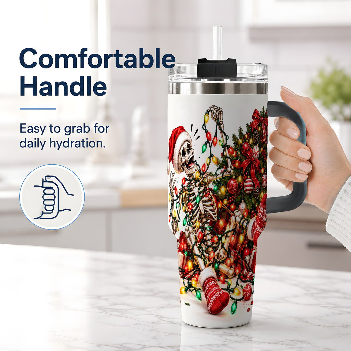 #pl[40oz|Black] Funny Christmas Skeleton 40oz Handled Tumbler, Holiday Tree Artwork