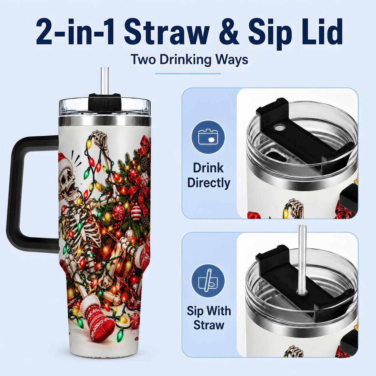 #pl[40oz|Black] Funny Christmas Skeleton 40oz Handled Tumbler, Holiday Tree Artwork