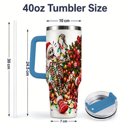 #pl[40oz|Blue] Funny Christmas Skeleton 40oz Handled Tumbler, Holiday Tree Artwork