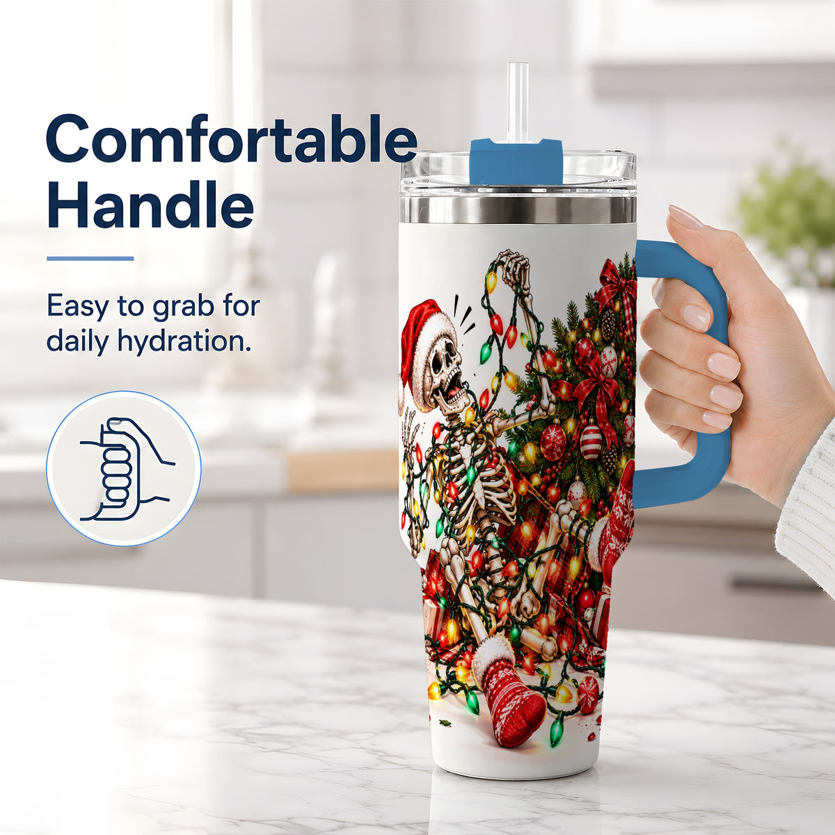 #pl[40oz|Blue] Funny Christmas Skeleton 40oz Handled Tumbler, Holiday Tree Artwork