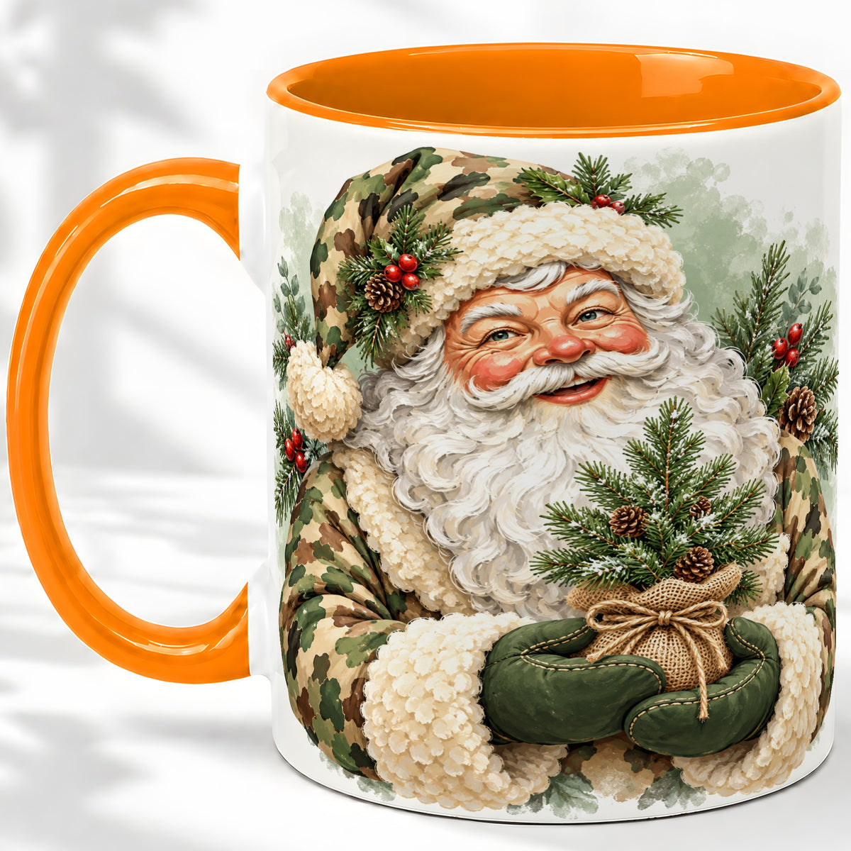 #pl[11oz|Orange] Camouflage Santa Claus Ceramic Mug, Rustic Woodland Christmas Art