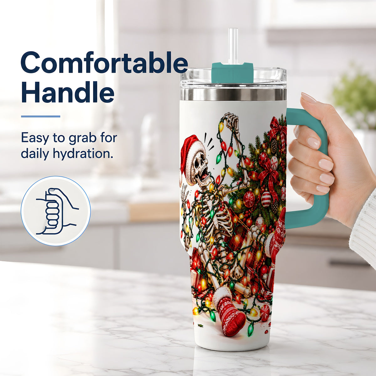 #pl[40oz|Green] Funny Christmas Skeleton 40oz Handled Tumbler, Holiday Tree Artwork
