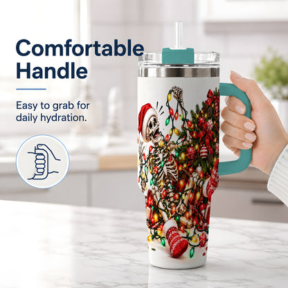 #pl[40oz|Green] Funny Christmas Skeleton 40oz Handled Tumbler, Holiday Tree Artwork