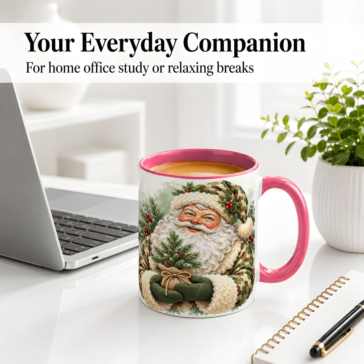 #pl[11oz|Pink] Camouflage Santa Claus Ceramic Mug, Rustic Woodland Christmas Art