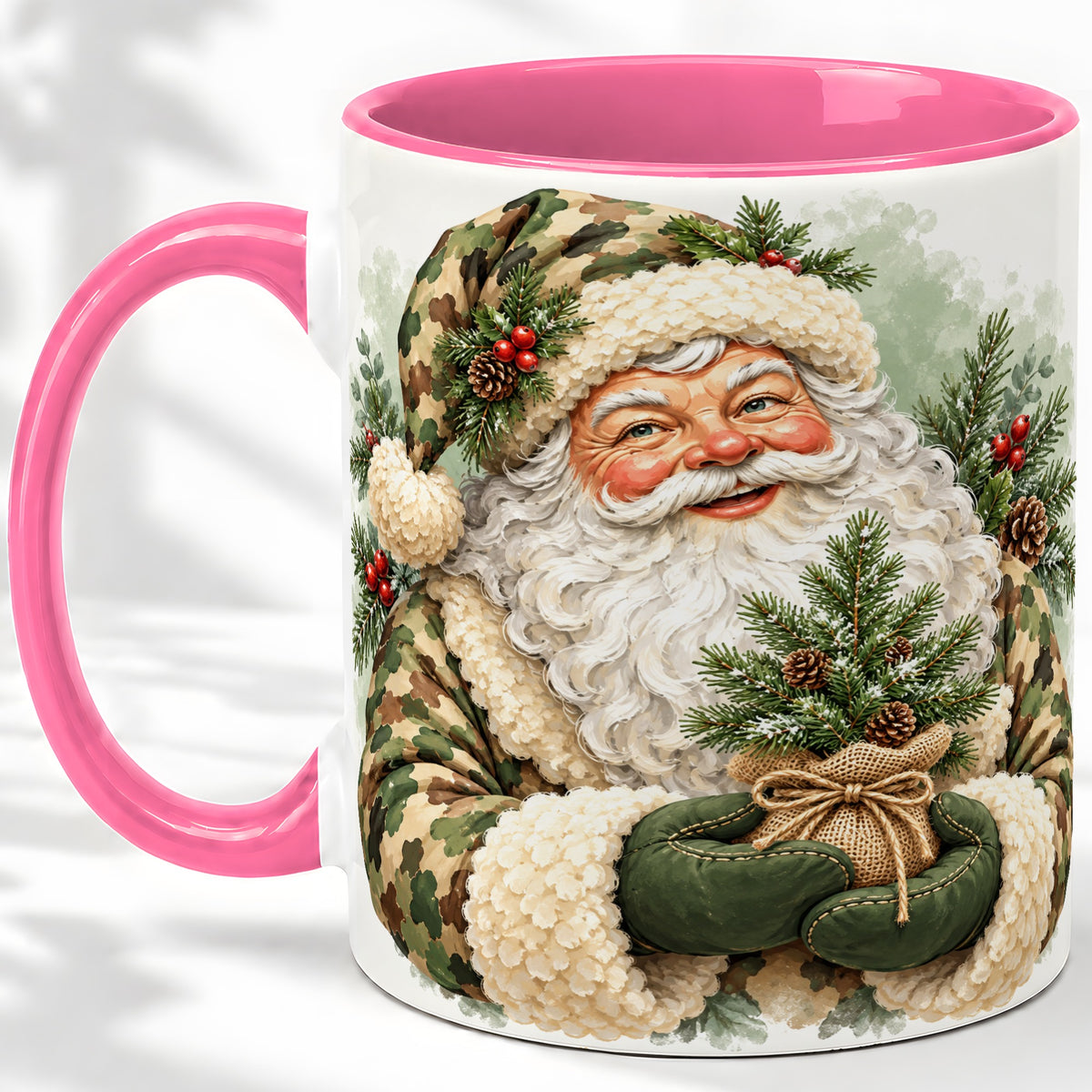 #pl[11oz|Pink] Camouflage Santa Claus Ceramic Mug, Rustic Woodland Christmas Art