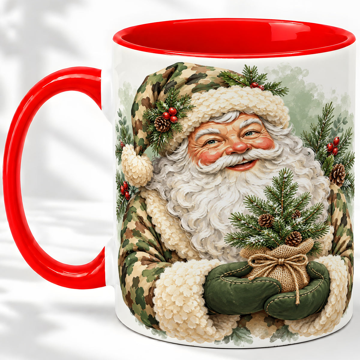 Camouflage Santa Claus Ceramic Mug, Rustic Woodland Christmas Art