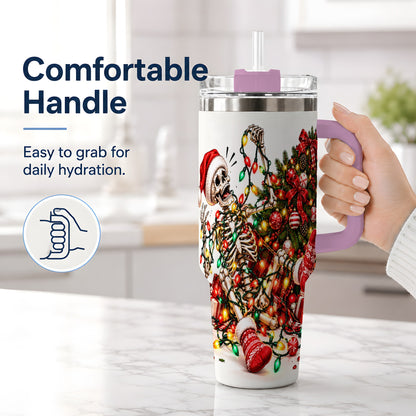 #pl[40oz|Pink] Funny Christmas Skeleton 40oz Handled Tumbler, Holiday Tree Artwork