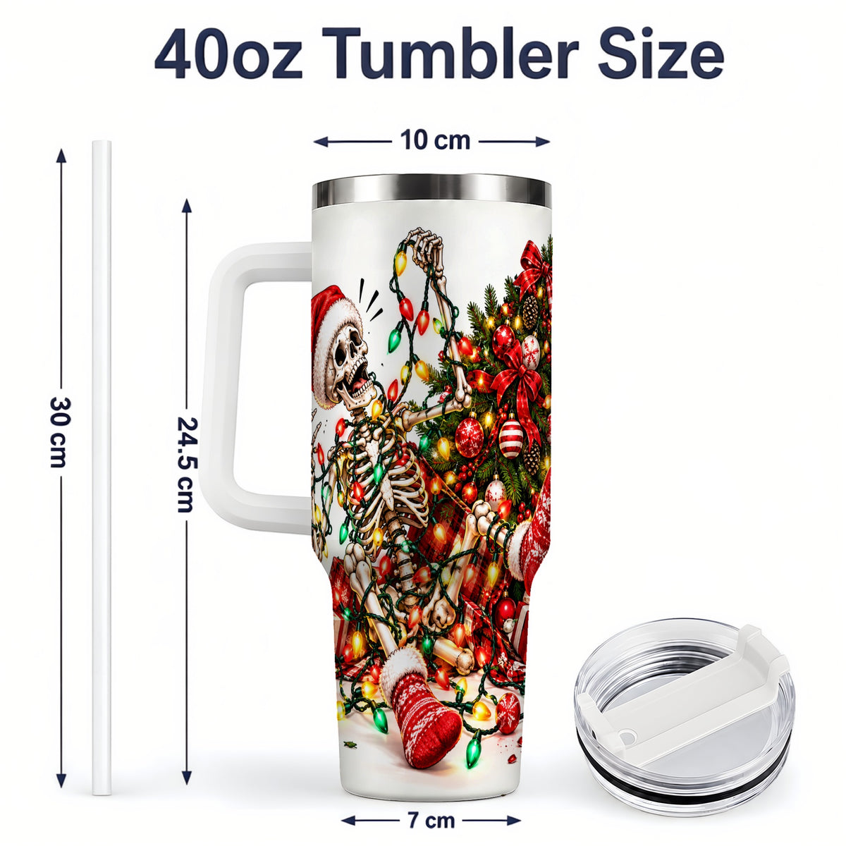 #pl[40oz|White] Funny Christmas Skeleton 40oz Handled Tumbler, Holiday Tree Artwork