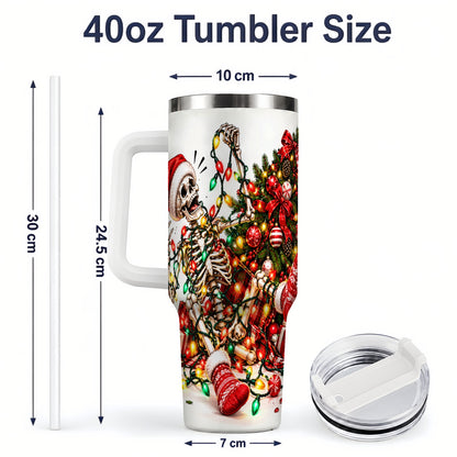 #pl[40oz|White] Funny Christmas Skeleton 40oz Handled Tumbler, Holiday Tree Artwork