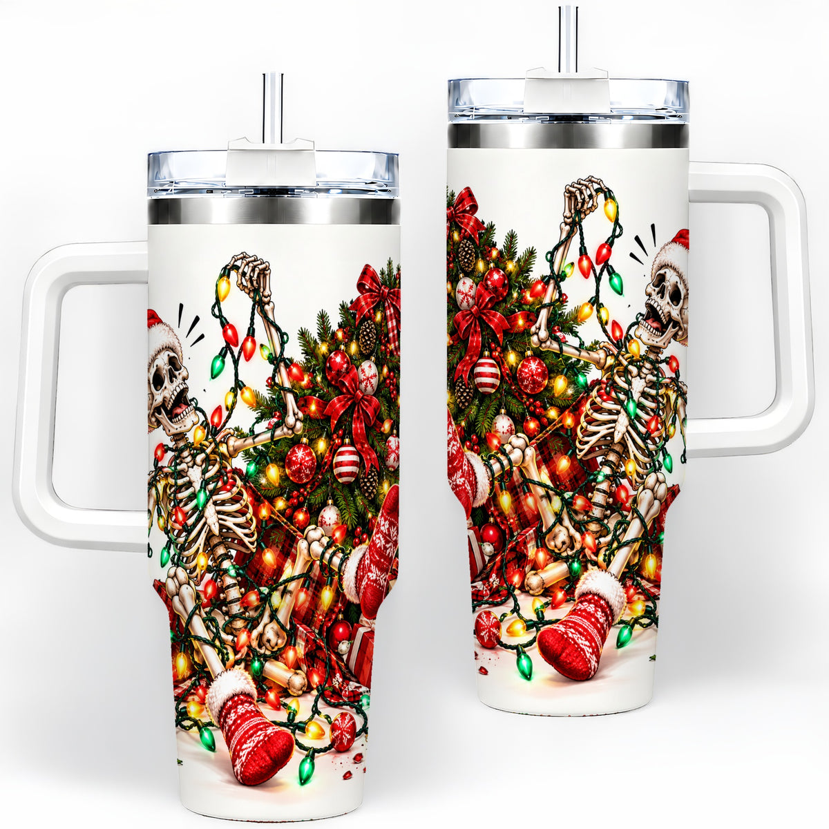 Funny Christmas Skeleton 40oz Handled Tumbler, Holiday Tree Artwork
