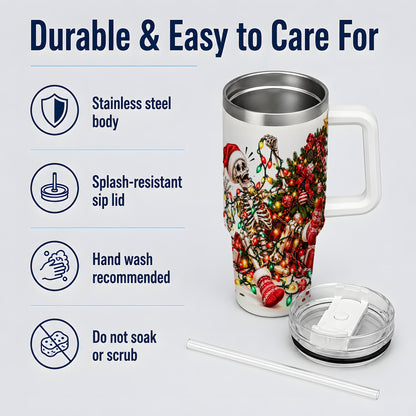 Funny Christmas Skeleton 40oz Handled Tumbler, Holiday Tree Artwork