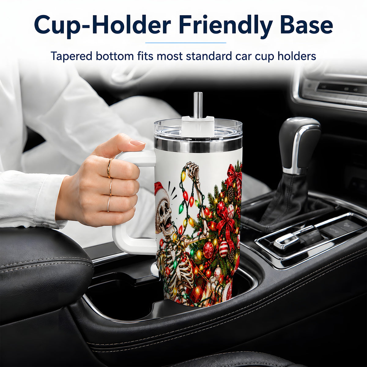 Funny Christmas Skeleton 40oz Handled Tumbler, Holiday Tree Artwork