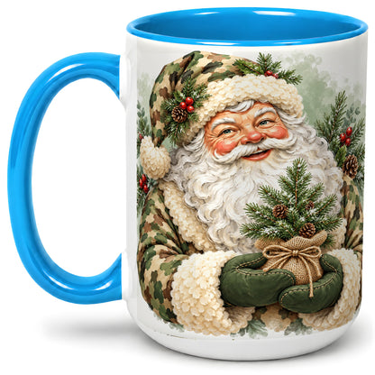#pl[15oz|Blue] Camouflage Santa Claus Ceramic Mug, Rustic Woodland Christmas Art