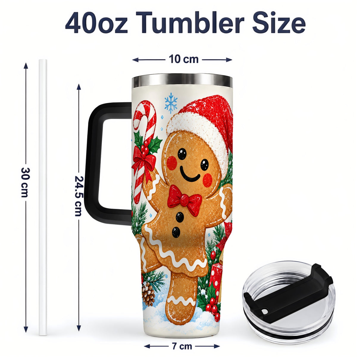 #pl[40oz|Black] Christmas Gingerbread Man 40oz Handled Tumbler, Candy Cane Design