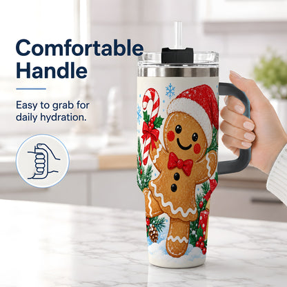 #pl[40oz|Black] Christmas Gingerbread Man 40oz Handled Tumbler, Candy Cane Design