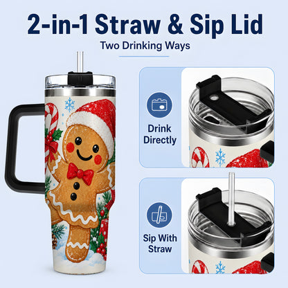 #pl[40oz|Black] Christmas Gingerbread Man 40oz Handled Tumbler, Candy Cane Design