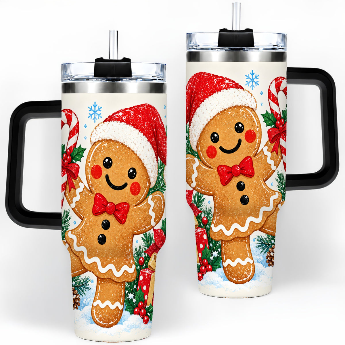 #pl[40oz|Black] Christmas Gingerbread Man 40oz Handled Tumbler, Candy Cane Design