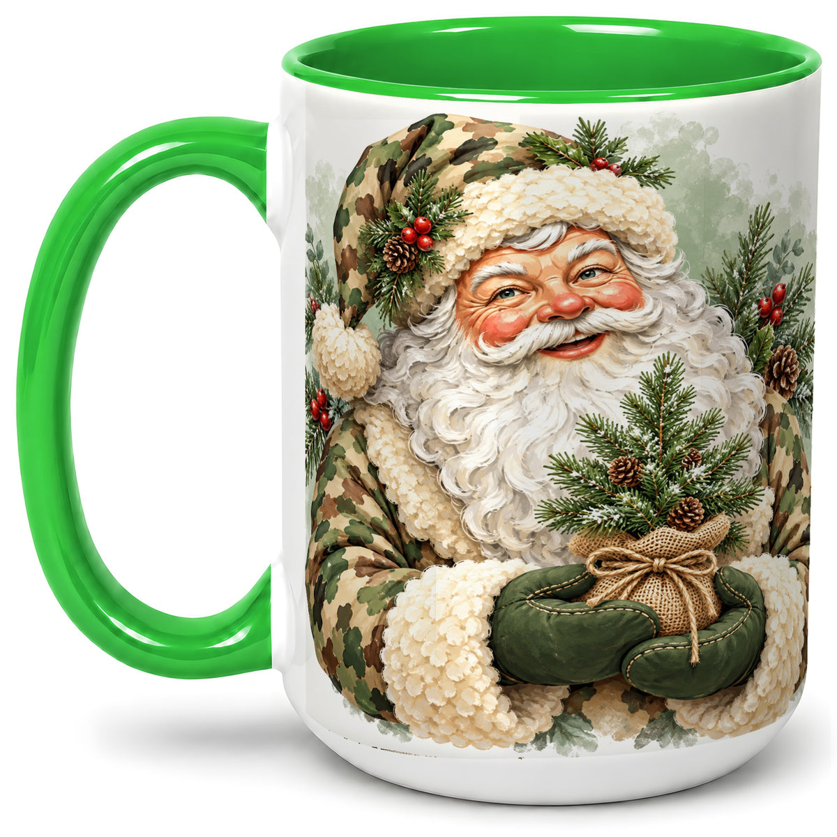 #pl[15oz|Green] Camouflage Santa Claus Ceramic Mug, Rustic Woodland Christmas Art